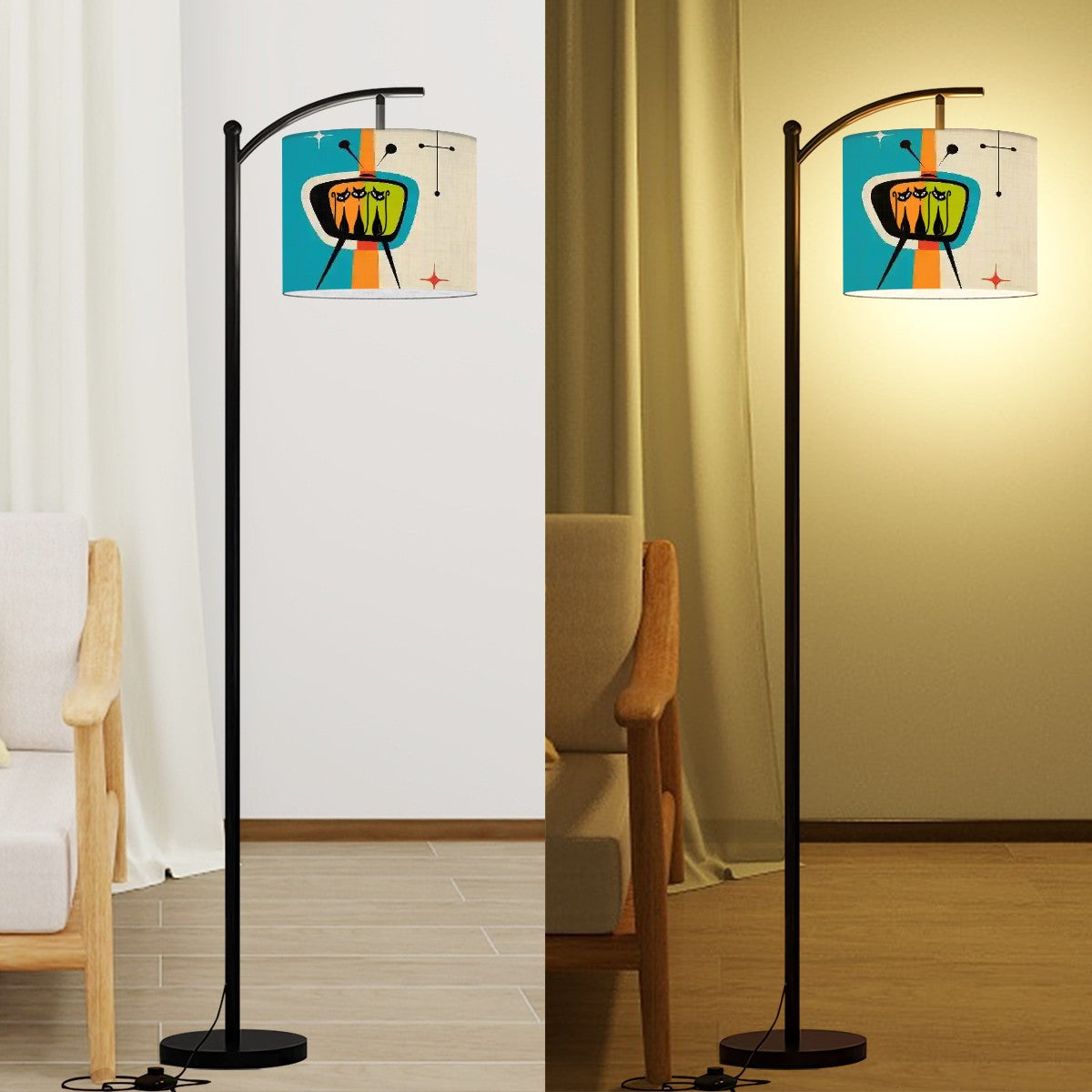 Mid Century Modern Retro Atomic Cat, Kitschy Mod Arc Floor Lamp