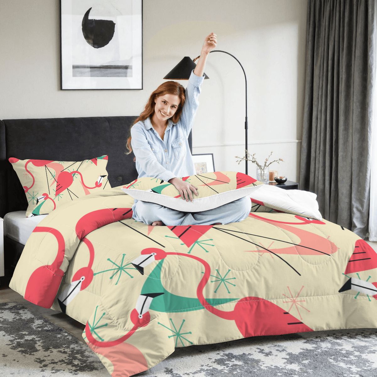 Palm Springs California Kitschy Flaming King Size Funky Fun Comforter Set - Mid Century Modern Gal