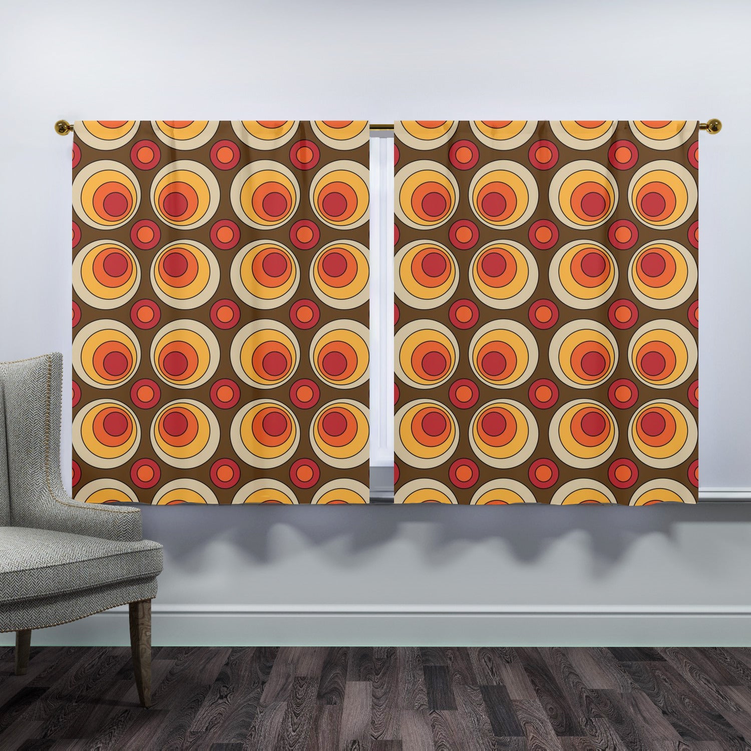 Mid Century Modern Groovy Orbs, Brown Yellow, Orange, Retro Window Curtains (two panels) - Mid Century Modern Gal