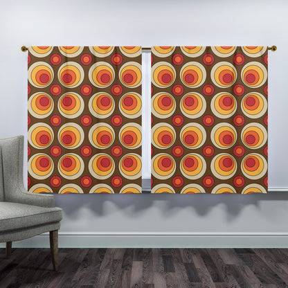 Mid Century Modern Groovy Orbs, Brown Yellow, Orange, Retro Window Curtains (two panels) - Mid Century Modern Gal