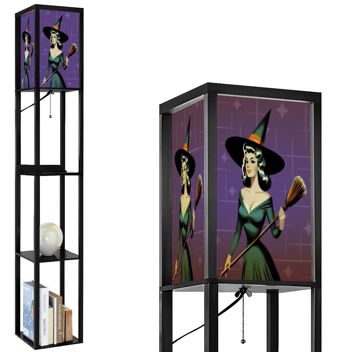 Mid Century Modern Vintage Pin Up Witch Purple Teal Halloween Lampshade for Floor Lamp with Shelves - Lampshade Only - Mid Century Modern Gal