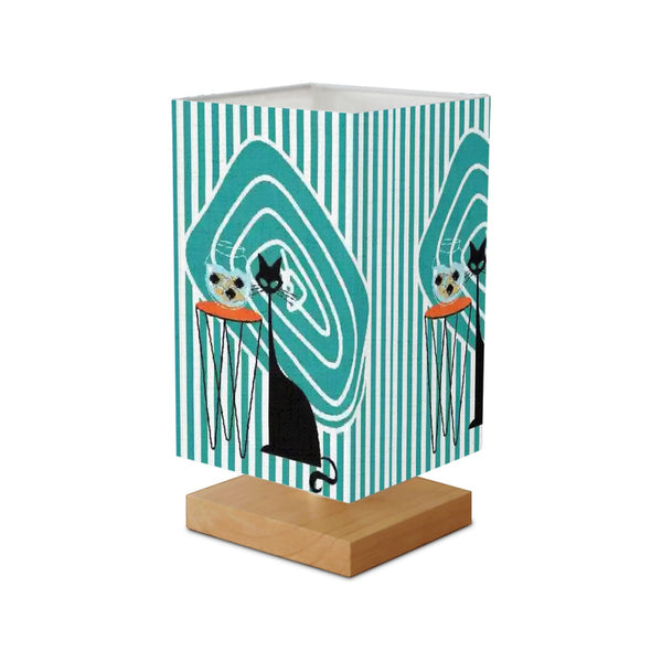 Atomic Cat Kitschy Mod Fish Bowl Aqua Striped Retro MCM Square Table Lamp