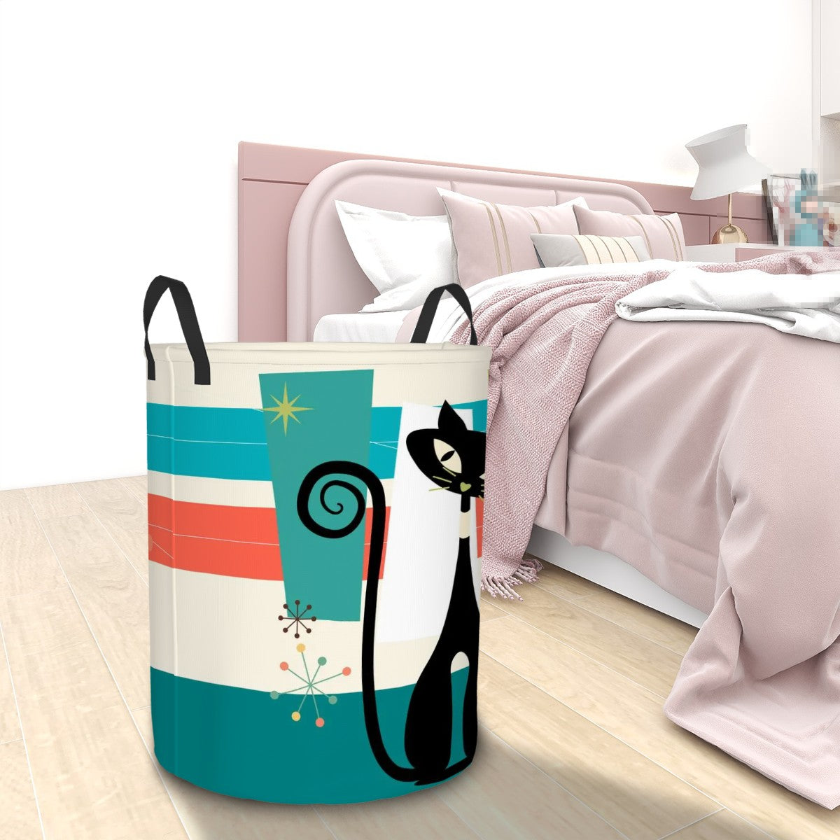 Atomic Kitschy Retro Cat Storage Circular Laundry Basket - Mid Century Modern Gal