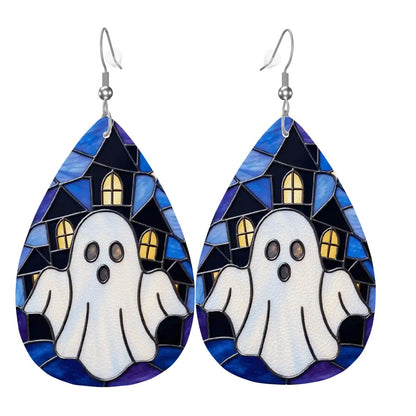 Halloween Stained Glass Style Ghost Haunted House Vegan Leather Teardrop Earrings