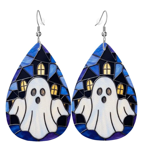 Halloween Stained Glass Style Ghost Haunted House Vegan Leather Teardrop Earrings