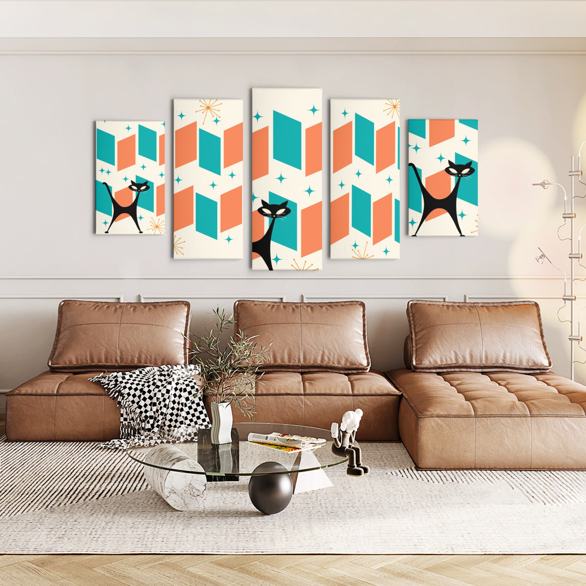 Atomic Cat Mid Century Modern Wall Art, 5 Piece Canvas Set