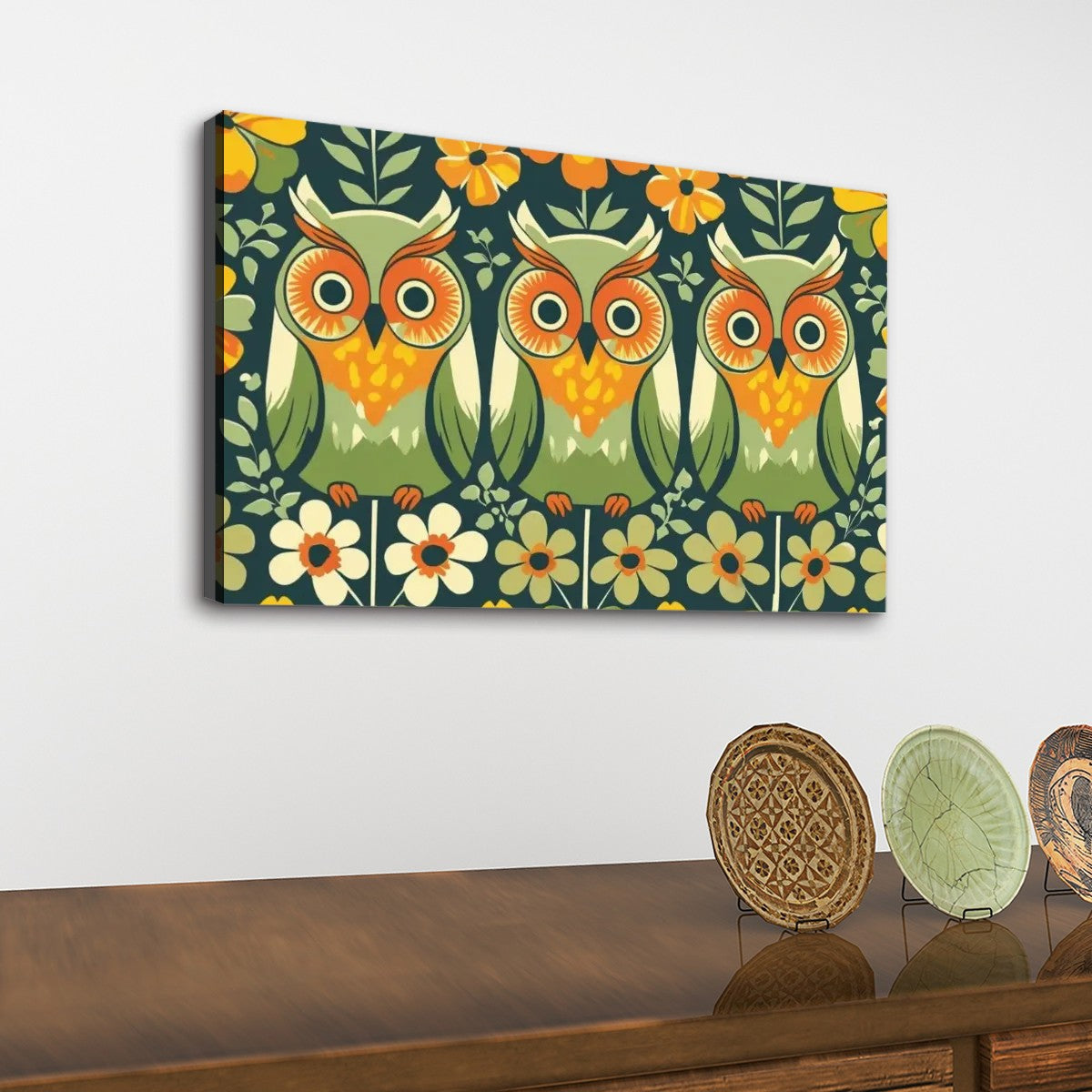 Groovy Mod Owl Art, Flower Power 70s Vibe Green, Orange Kitschy Wall Art - Mid Century Modern Gal