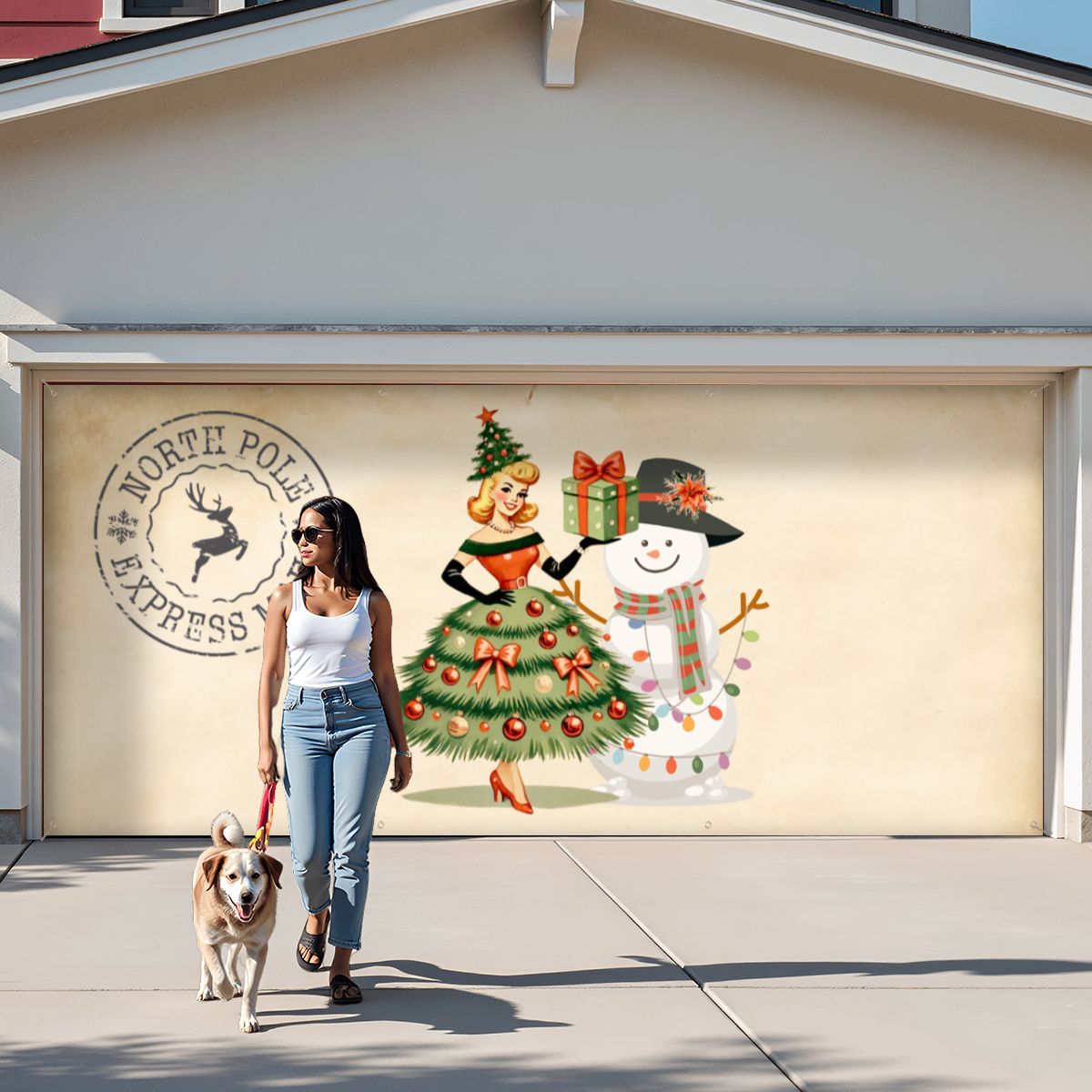 Whimsical Christmas Mid Century Modern North Pole Express Mail Garage Door Banner Backdrop - Mid Century Modern Gal