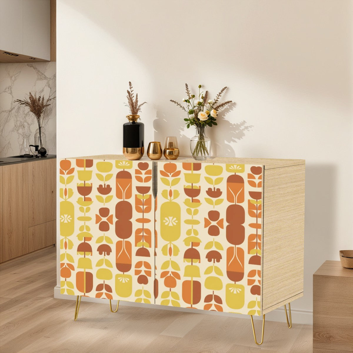 Mid Century Modern Nordic Modern Danish Moderinsm Orange, Yellow Floral Wooden Storage Cabinet - Mid Century Modern Gal