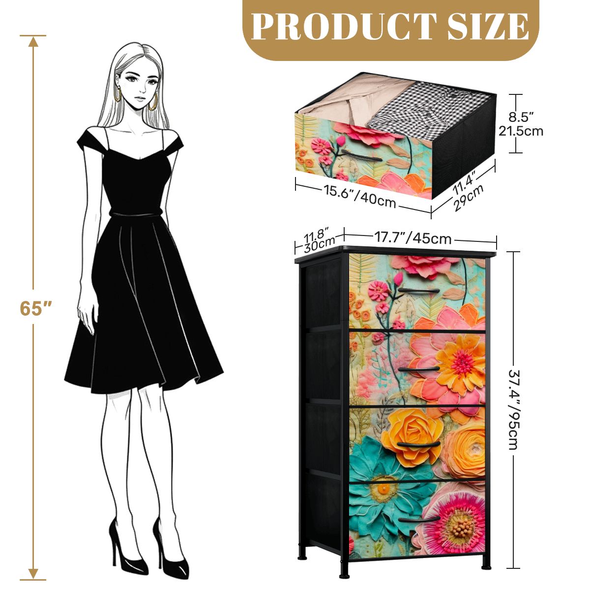 Bohemian Retro Flower, Faux Pressed Floral Mod 4-Drawer Dresser - Mid Century Modern Gal