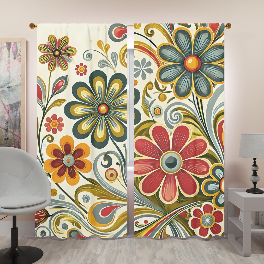 Retro Floral Mid Mod Colorful Funky Fun Window Curtains (two panels) - Mid Century Modern Gal