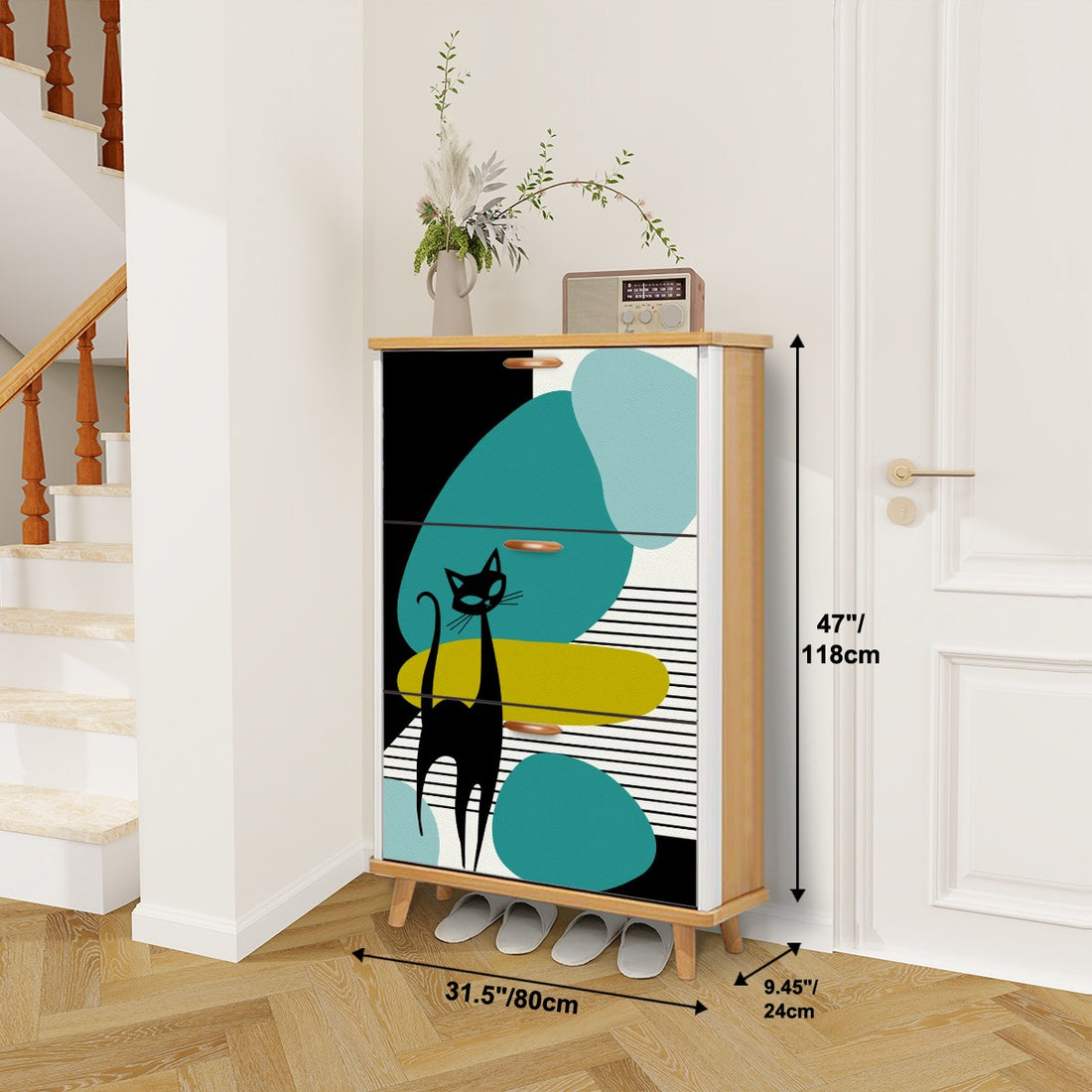 Mid Century Modern Shoe Cabinet, Atomic Cat Amoeba Designed Retro Shoe Storage