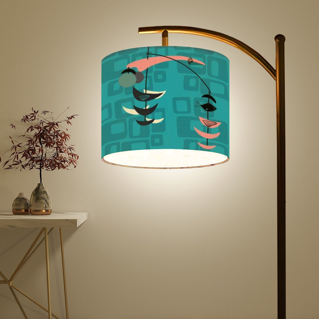 Mid Century Modern Fish Art Arc Floor Lamp. Teal Geometric Mid Mod - Mid Century Modern Gal