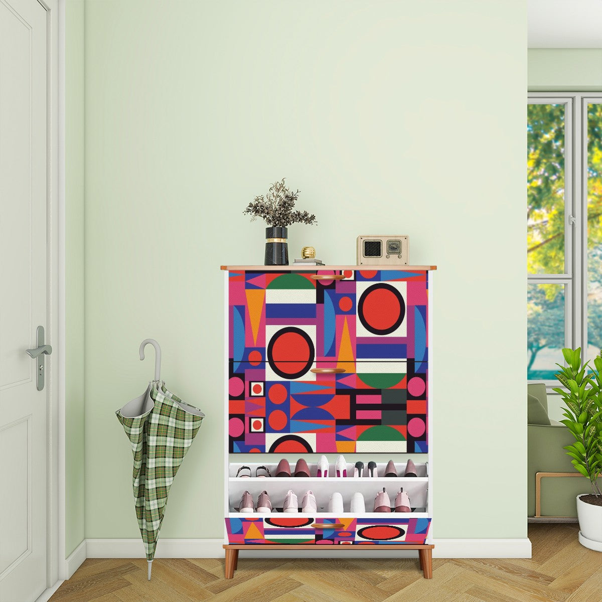 Mid Century Modern Shoe Cabinet, Bauhaus Designed Geometric Mod Furniture Storage Organization - Mid Century Modern Gal