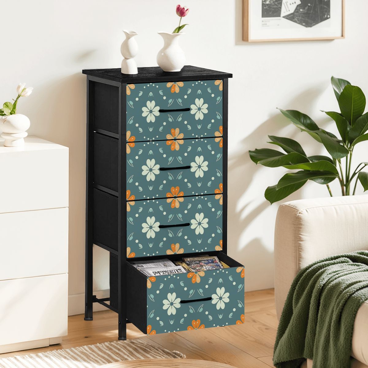 Mid Century Modern Scandinavian Blue, Orange Cream Retro Floral 4-Drawer Dresser - Mid Century Modern Gal