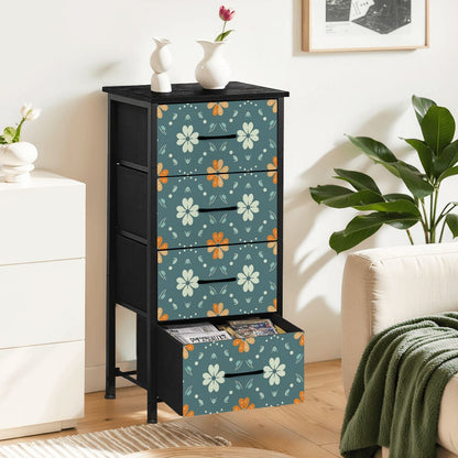 Mid Century Modern Scandinavian Blue, Orange Cream Retro Floral 4-Drawer Dresser - Mid Century Modern Gal