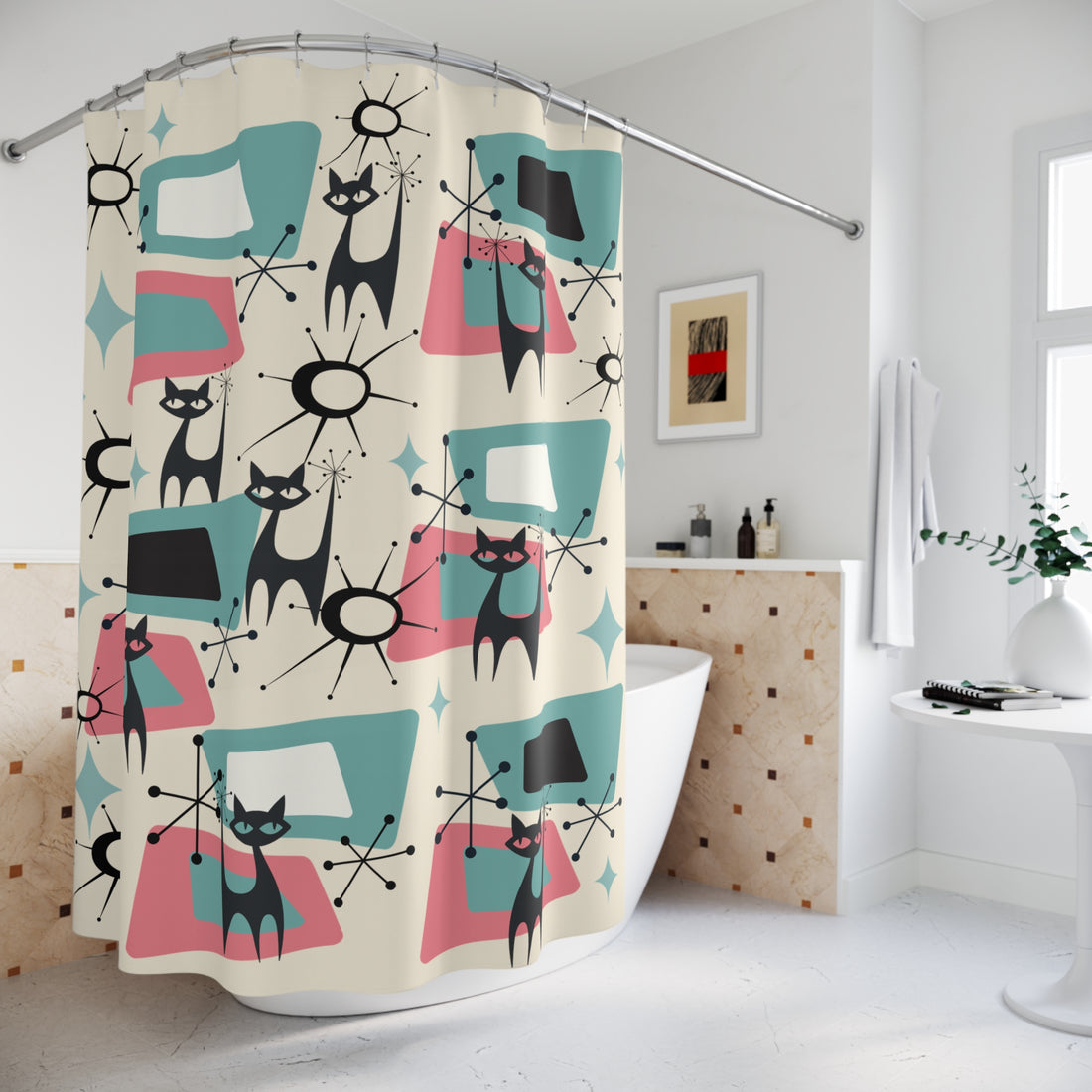 Atomic Space Kitties In Flight, Mid Century Modern Shower Curtain - Mid Century Modern Gal