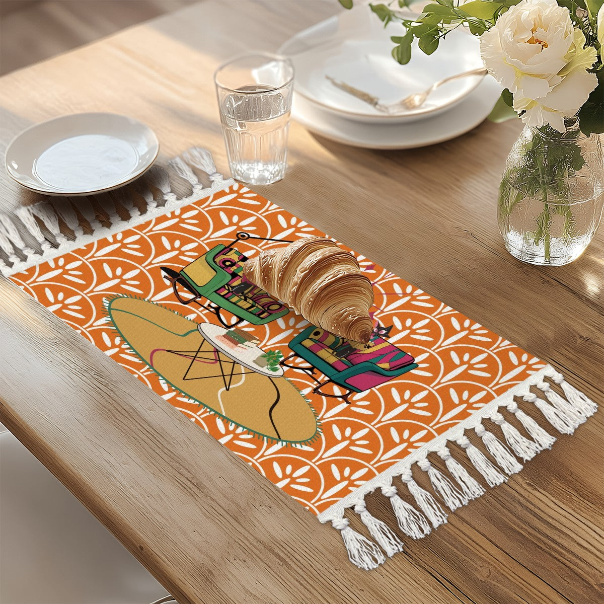 Atomic Cat, Book Lover, Book Club Gift, Coffee Table Mat Placemat with Tassels - Mid Century Modern Gal