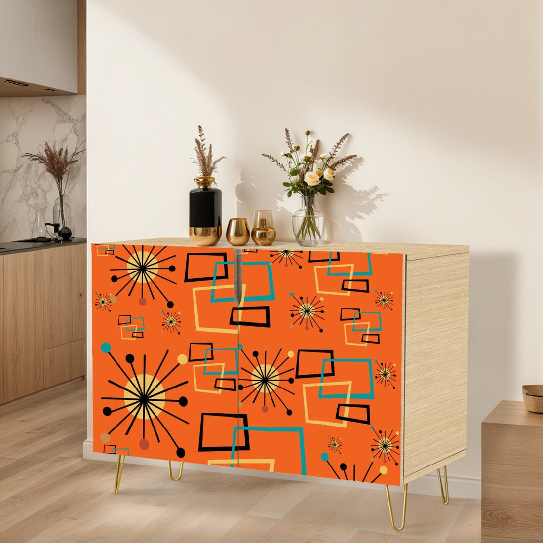 Mid Century Modern Orange Geometric Mod Retro Wooden Storage Cabinet