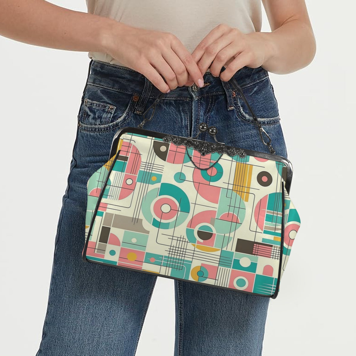 Mid Century Modern Bauhaus Designed Pink, Teal, Yellow Kisslock Crossbody Purse - Mid Century Modern Gal