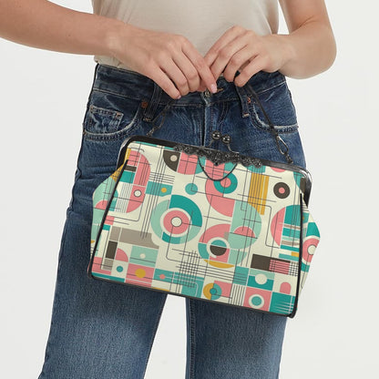 Mid Century Modern Bauhaus Designed Pink, Teal, Yellow Kisslock Crossbody Purse - Mid Century Modern Gal