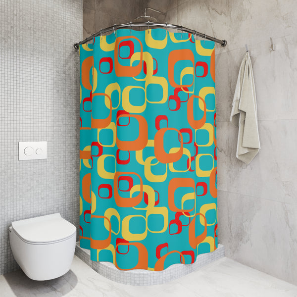 Mid Century Modern, Aqua Blue, Orange, Yellow, Red, Geometric, Retro, MCM Shower Curtains