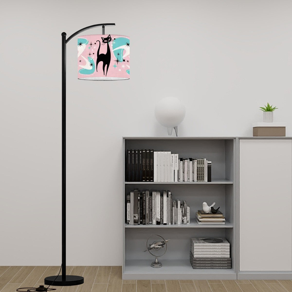 Mid Century Modern Atomic Boomerang Pink Aqua Atomic Cat Arc Floor Lamp - Mid Century Modern Gal