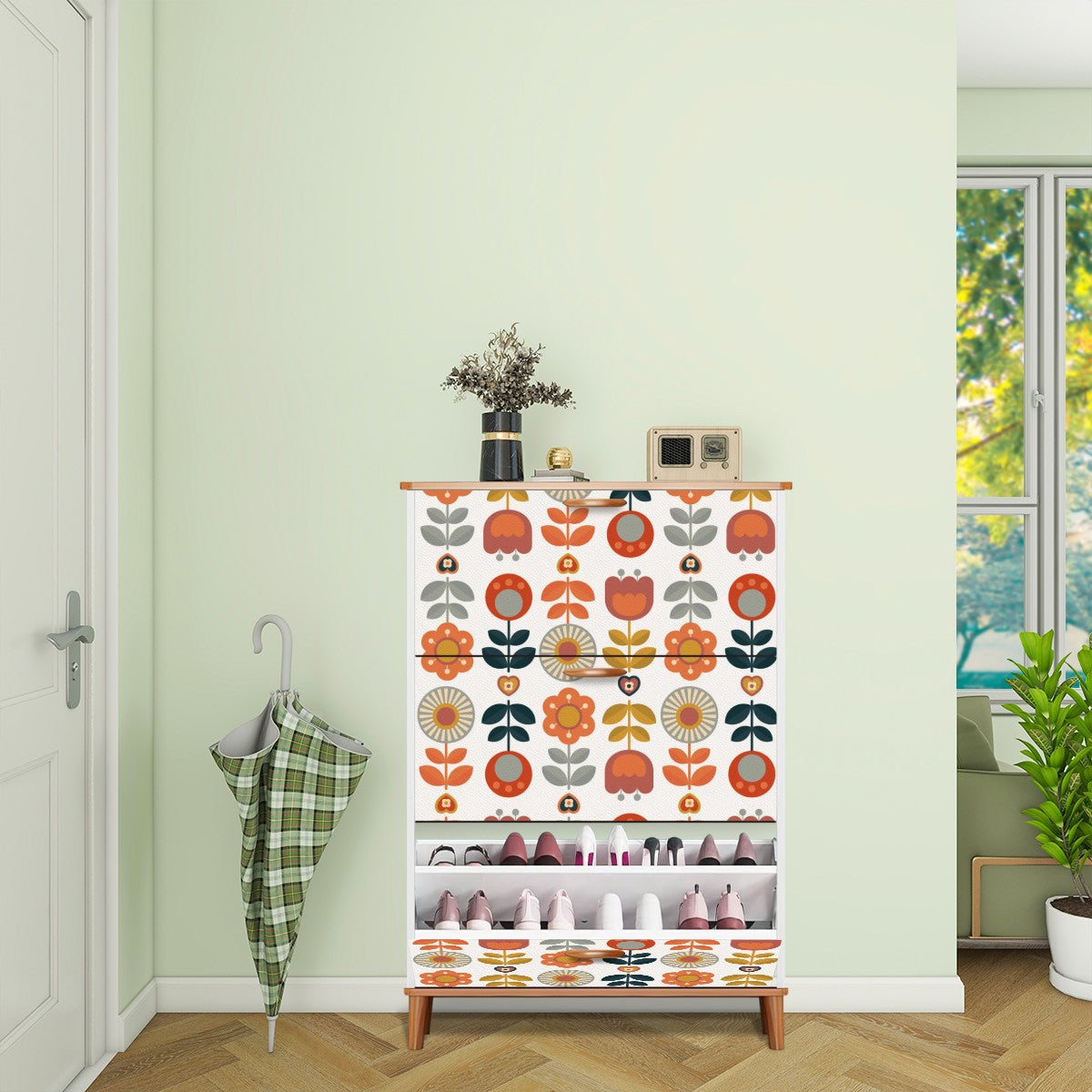 Mid Century Modern Scandinavian Designed Shoe Cabinet, Danish Floral Mudroom Organizer Cabinet - Mid Century Modern Gal