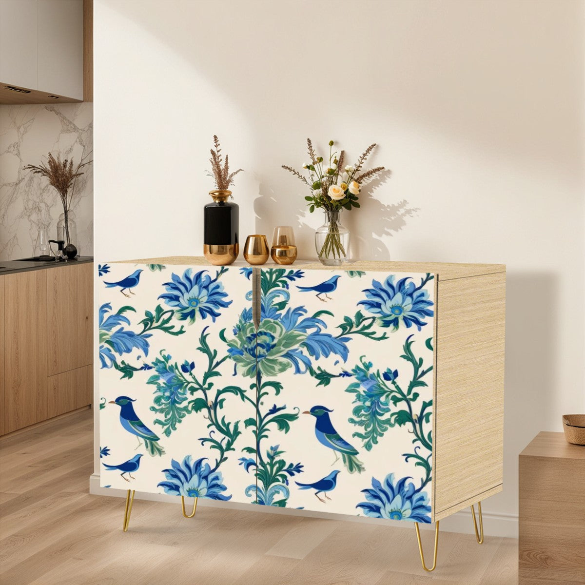 Chinoiserie Sideboard Cabinet, Blue Birds, Floral Design Green, Blue Wooden Storage Cabinet - Mid Century Modern Gal