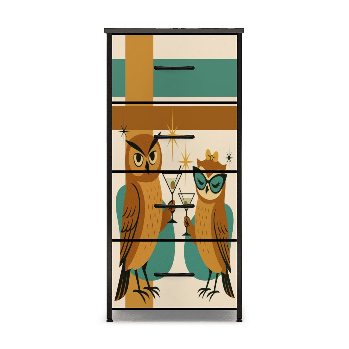 Mid Century Modern 70s Owls Kitschy Martini Time 4-Drawer Dresser - Mid Century Modern Gal