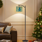 Chinoiserie Pagoda Lamp, Blue, Green Floral Designed Arc Floor Lamp - Mid Century Modern Gal