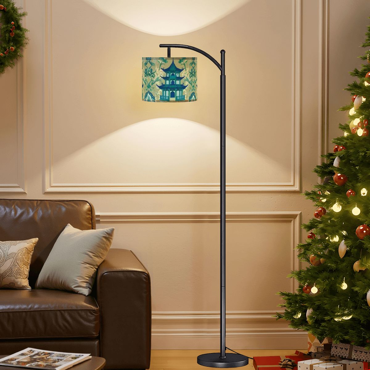 Chinoiserie Pagoda Lamp, Blue, Green Floral Designed Arc Floor Lamp - Mid Century Modern Gal
