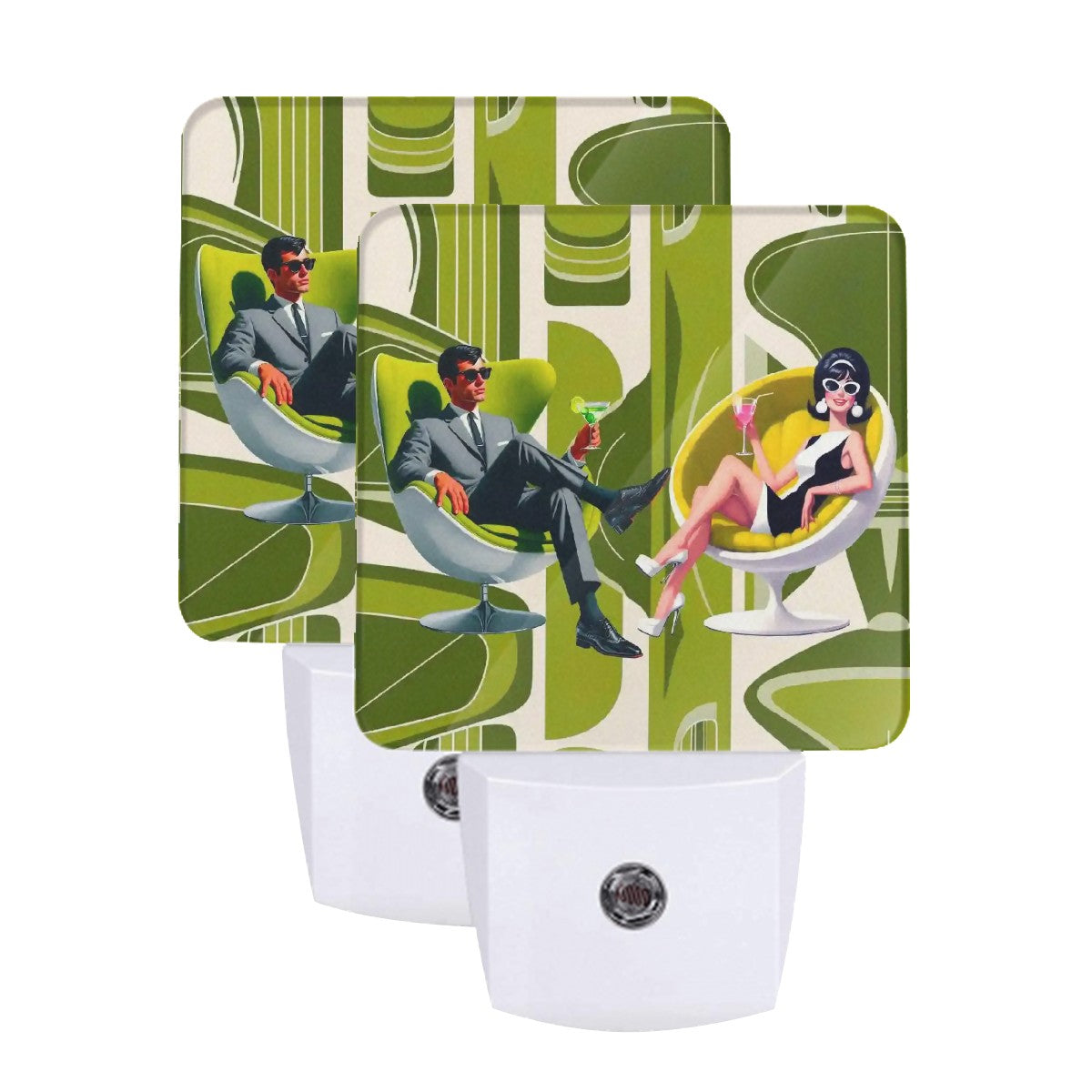 Mid Mod 60s Retro Couple Martini Lover, Retro Barware Hip LED Night Light Set of 2 - Mid Century Modern Gal