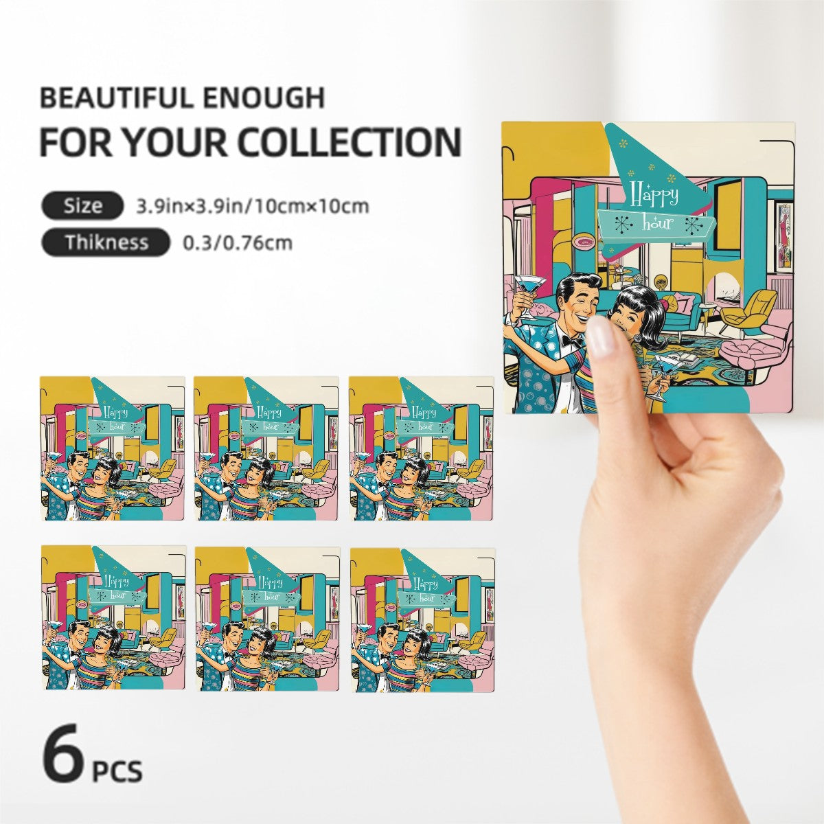 Mid Century Modern Barware Kitschy Mod Retro Square Ceramic Coasters Set of 6 - Mid Century Modern Gal