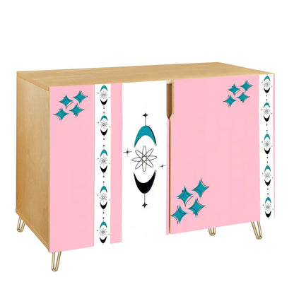 Atomic Starbursts, Pink Aqua Mid Century Modern Credenza Sideboard Storage Cabinet - Mid Century Modern Gal