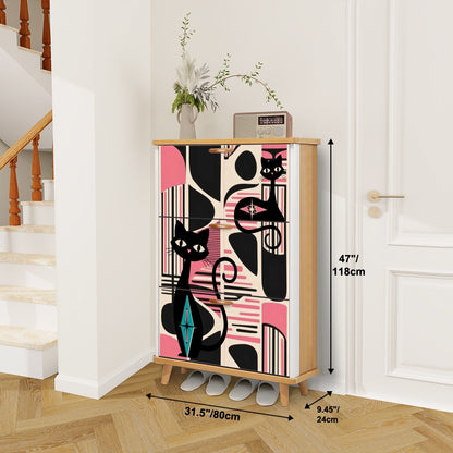 Mid Century Modern Shoe Cabinet, Black, Pink Atomic Cats Mid Mod Storage Organization - Mid Century Modern Gal