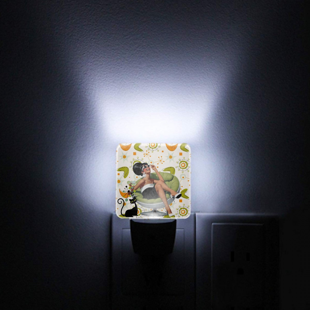 Mid Mod 60s Gal, Martini Lover, Atomic Cat Orange Green Starburst LED Night Light Set of 2 - Mid Century Modern Gal