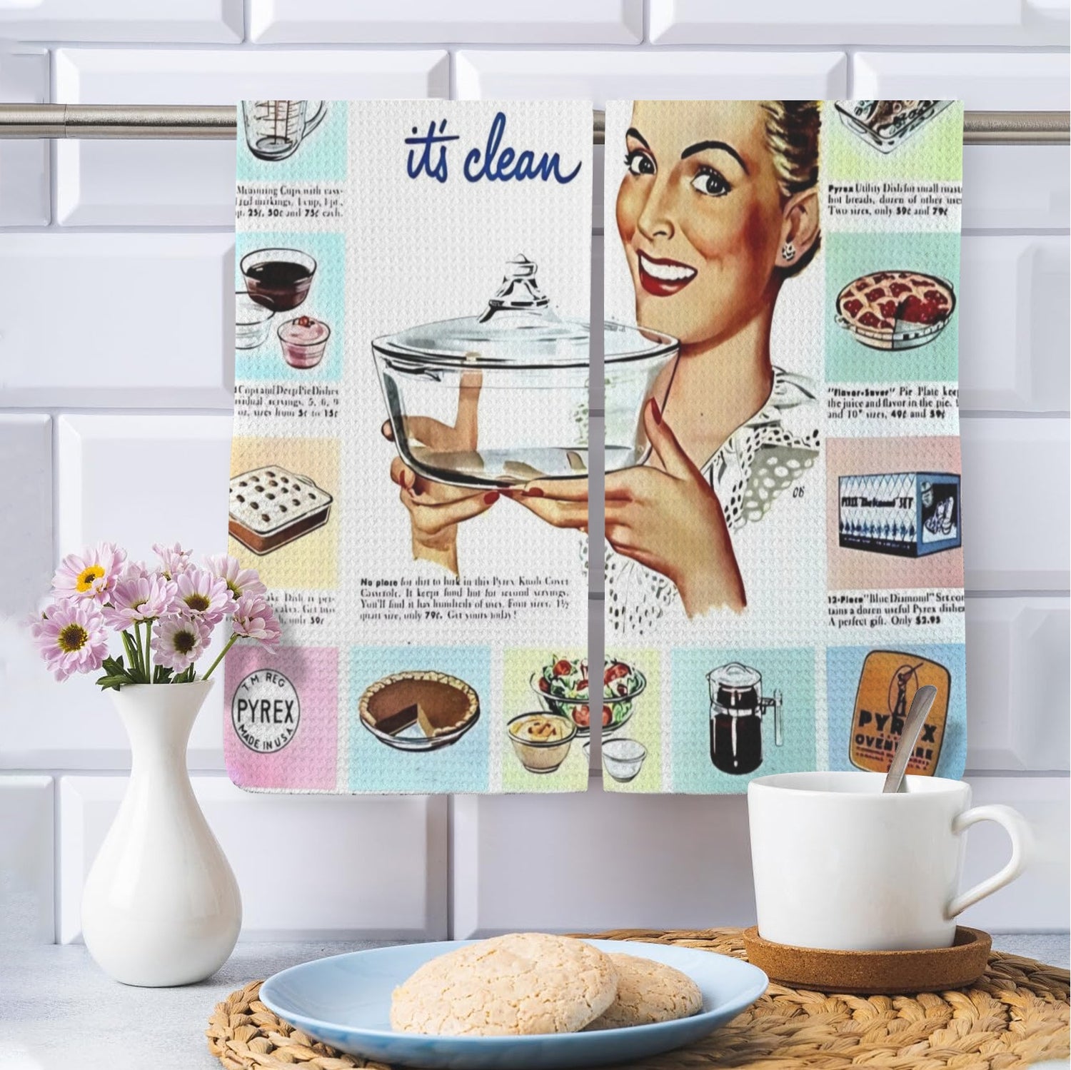 Retro Pyrex Vintage Ad Kitschy Kitchen Towel Set - Mid Century Modern Gal