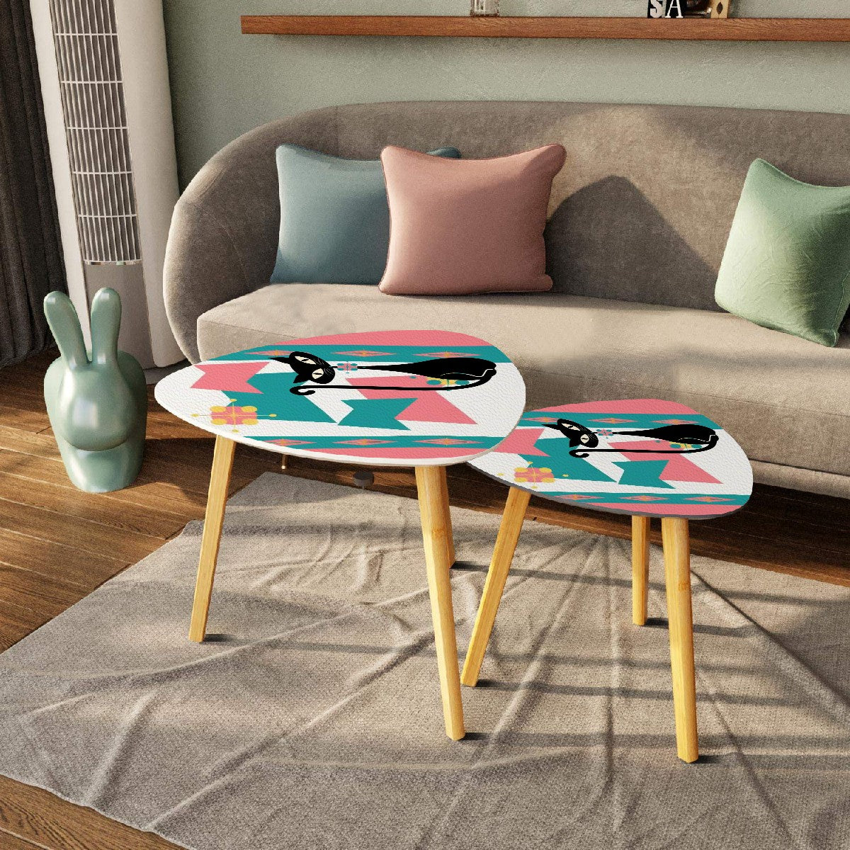 Atomic Cat Mid Century Modern Nesting Tables, Pink, Teal Kitschy Livingroom, Bedroom Tables