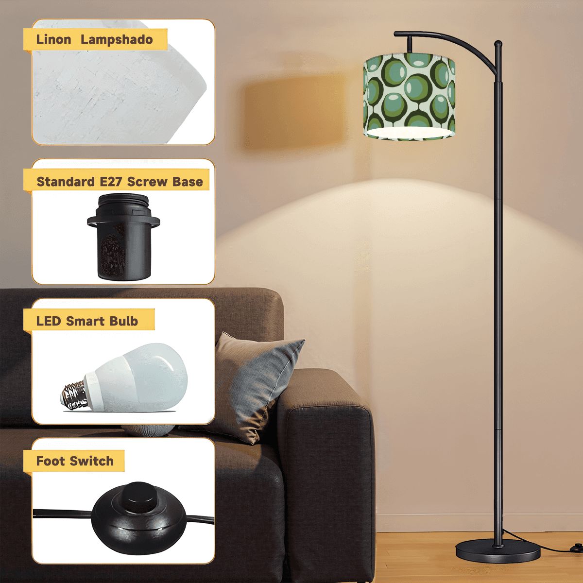 Mid Century Modern Olive Green Groovy Orbs Retro Arc Floor Lamp - Mid Century Modern Gal