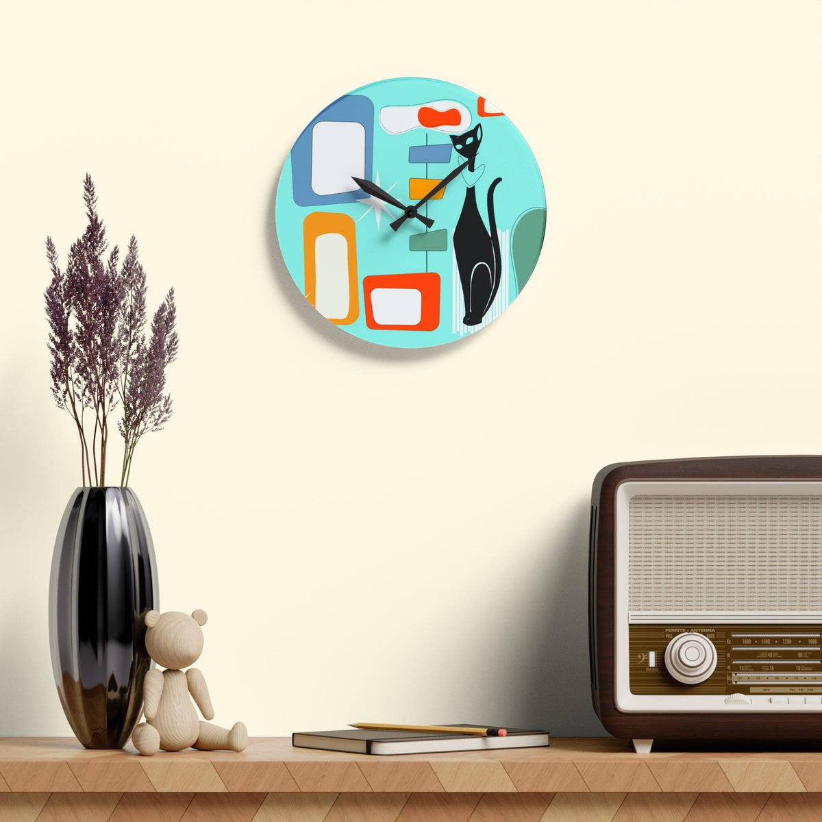 Atomic Cat Mid Century Modern, Geometric Aqua, Retro Acrylic Wall Clock Home Decor 10.75'' × 10.75'' (Round)