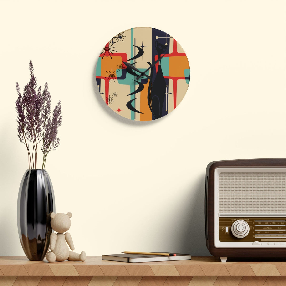 Atomic Cat, Mid Century Modern Geometric Beige, Gray, Burnt Orange, Retro Acrylic Wall Clock Home Decor 10.75'' × 10.75'' (Round)