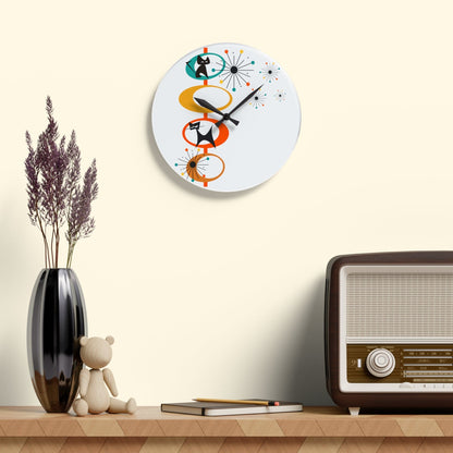 Atomic Space Cat, Mid Century Modern, Retro Cool Acrylic Wall Clock Home Decor 10.75&