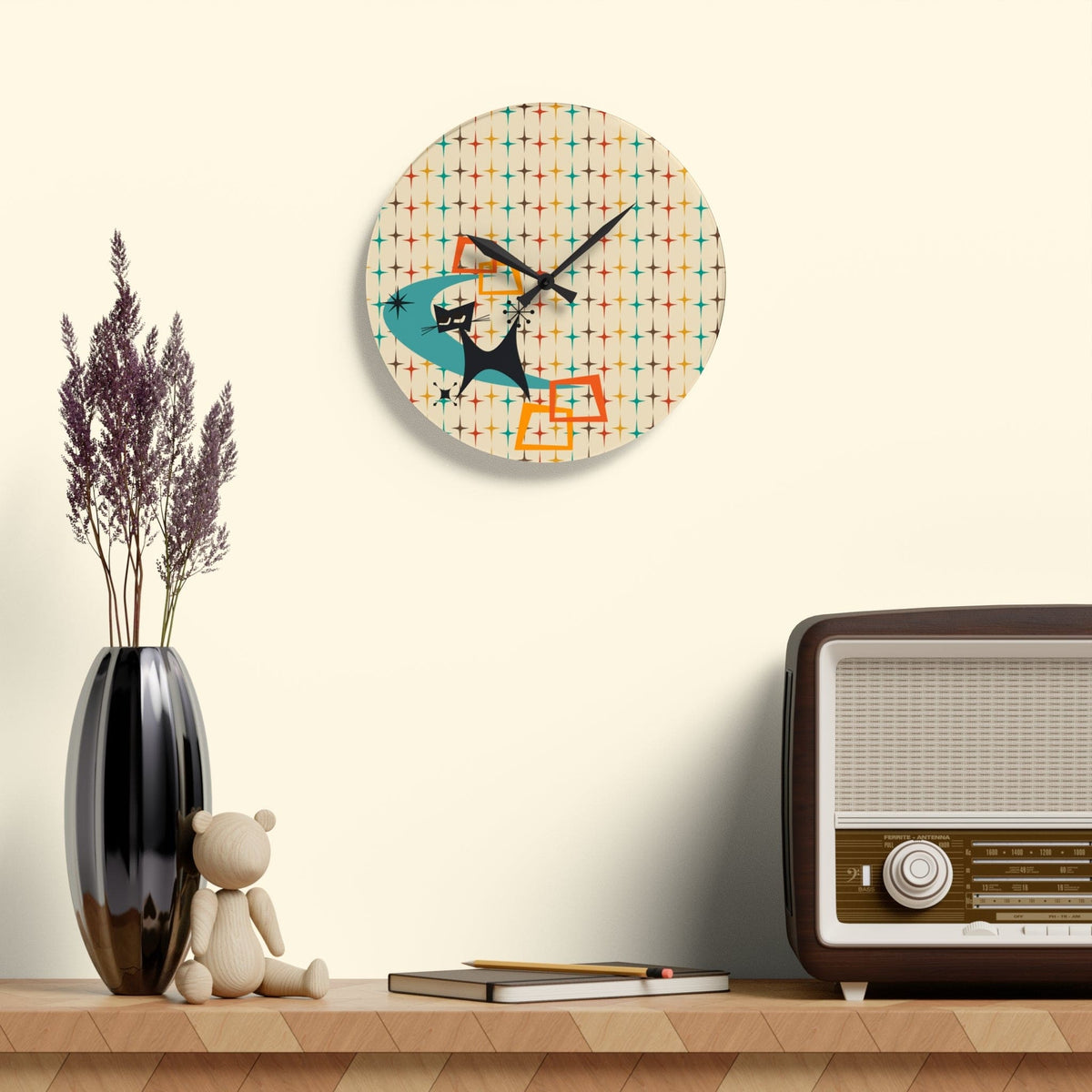 Atomic Space Cat, Retro Designed, MCM Office, Living Room, Bedroom, Kitchen Acrylic Wall Clock Home Decor 10.75'' × 10.75'' (Round)