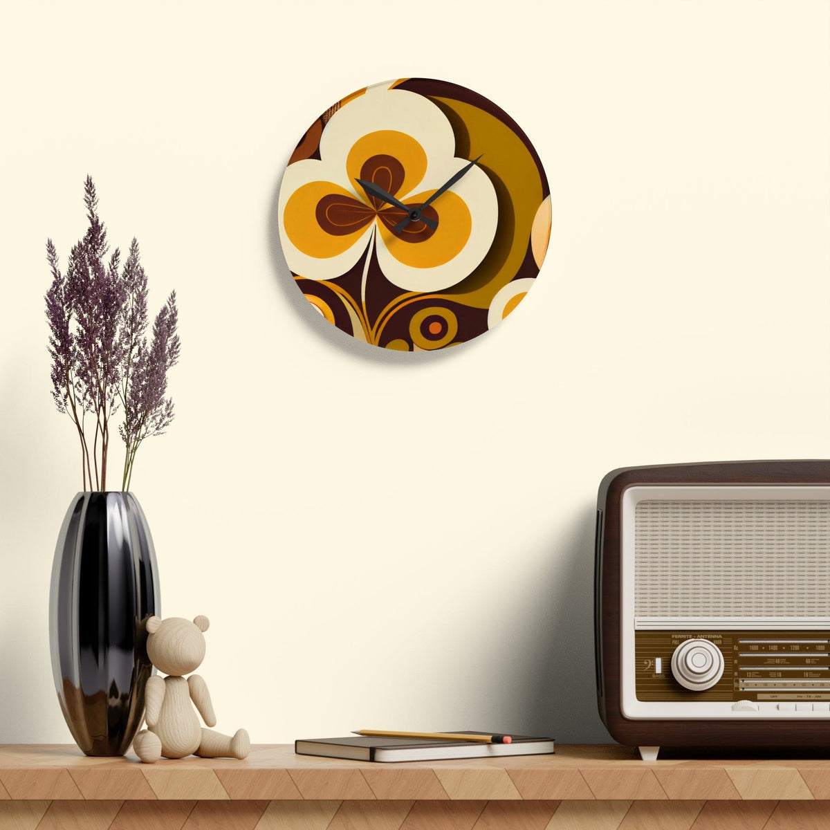 Groovy 70's Flower Power, Harvest Gold, Brown, Retro Funky Acrylic Wall Clock Home Decor 10.75'' × 10.75'' (Round)