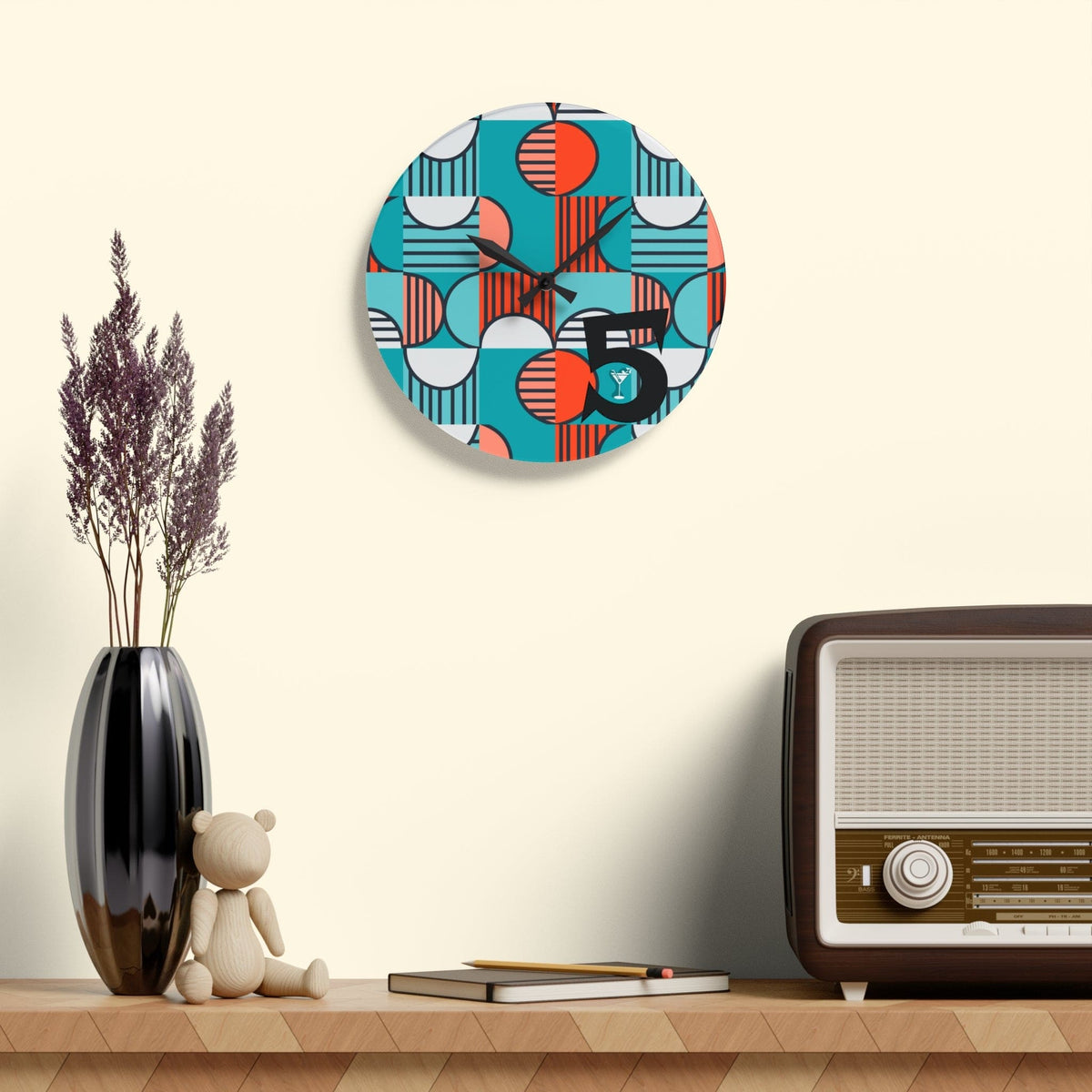 Mid Century Modern Aqua, Orange, Geometric 5'oclock Happy Hour Acrylic Wall Clock Home Decor 10.75'' × 10.75'' (Round)