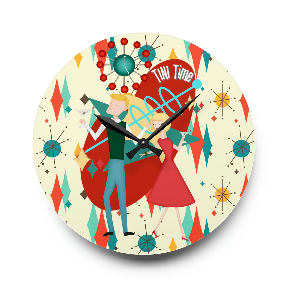 Mid Century Modern Clock, Atomic 50's Kitschy Bar Clock, Tini Time, Acrylic Wall Clock Home Decor 10.75'' × 10.75'' (Round)