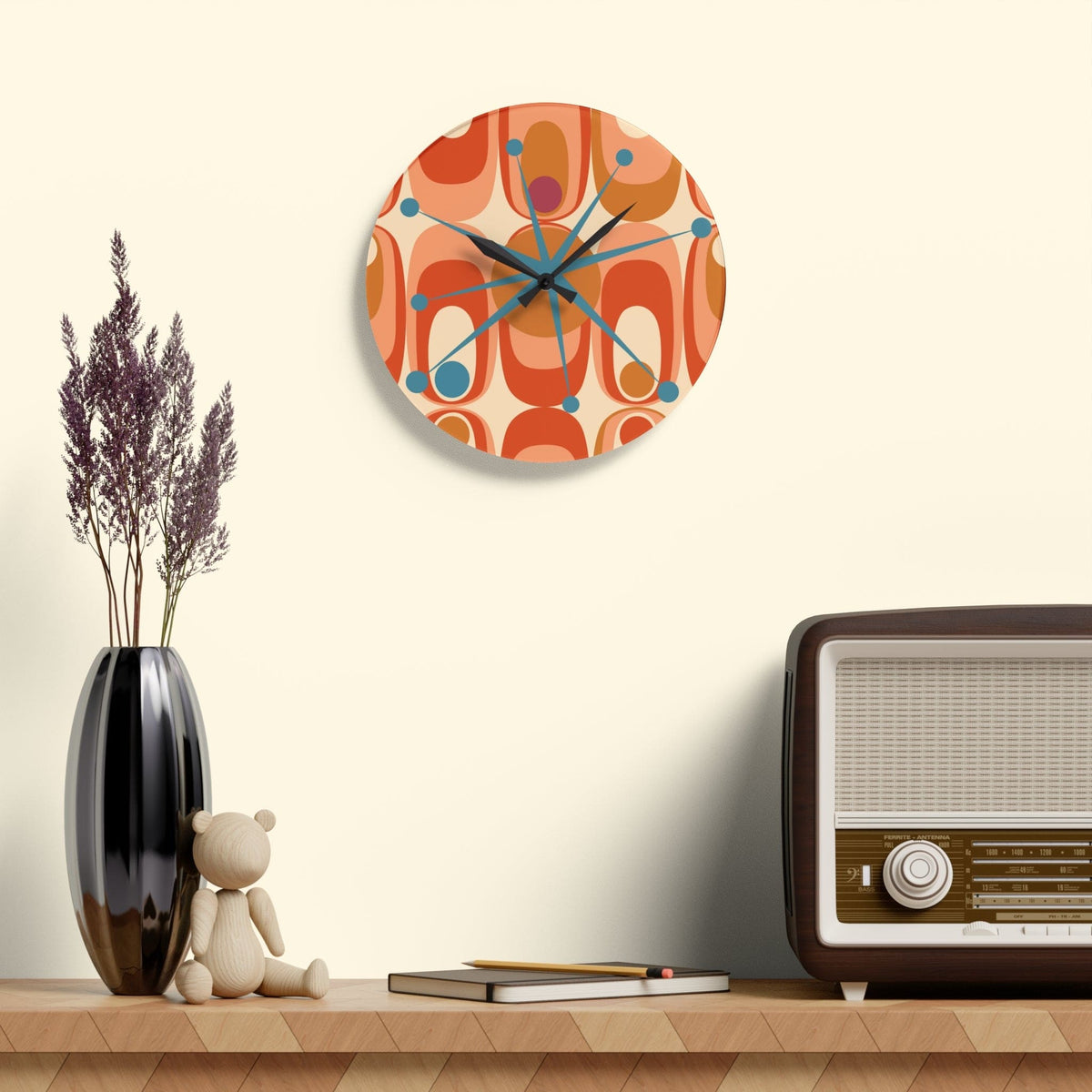Mid Century Modern Geometric Starburst, Retro MCM Acrylic Wall Clock Home Decor 10.75'' × 10.75'' (Round)