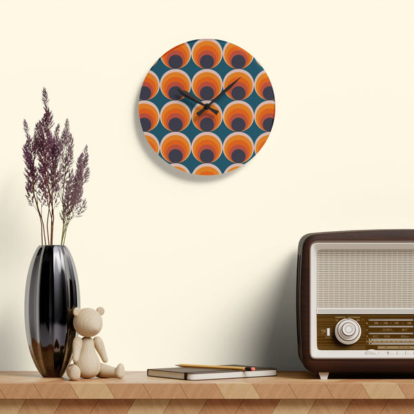 Mid Century Modern Groovy Orange, Navy Blue, Retro Style Acrylic Wall Clock