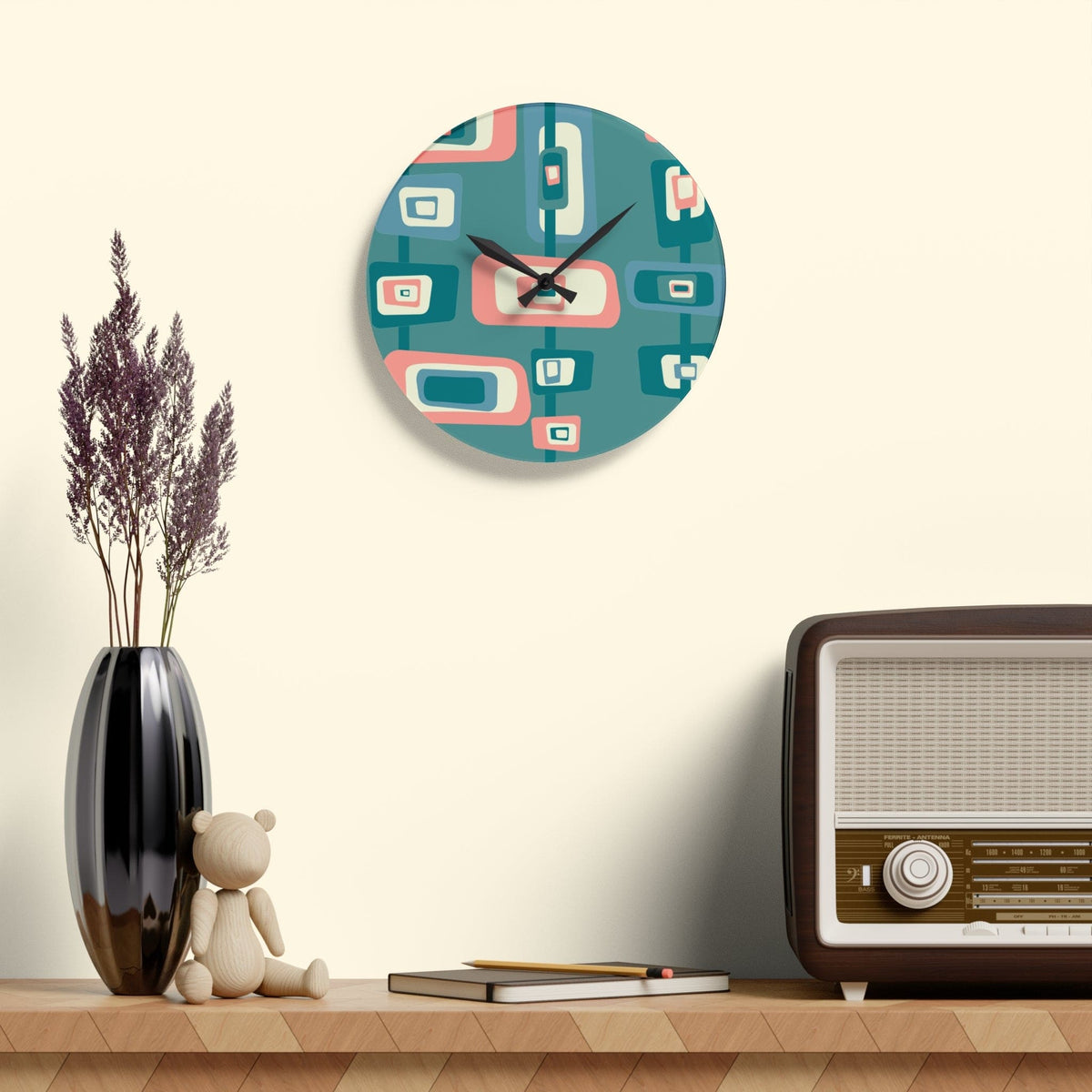 Mid Century Modern Teal, Pink, Beige Retro Geometric MCM Acrylic Wall Clock Home Decor 10.75'' × 10.75'' (Round)
